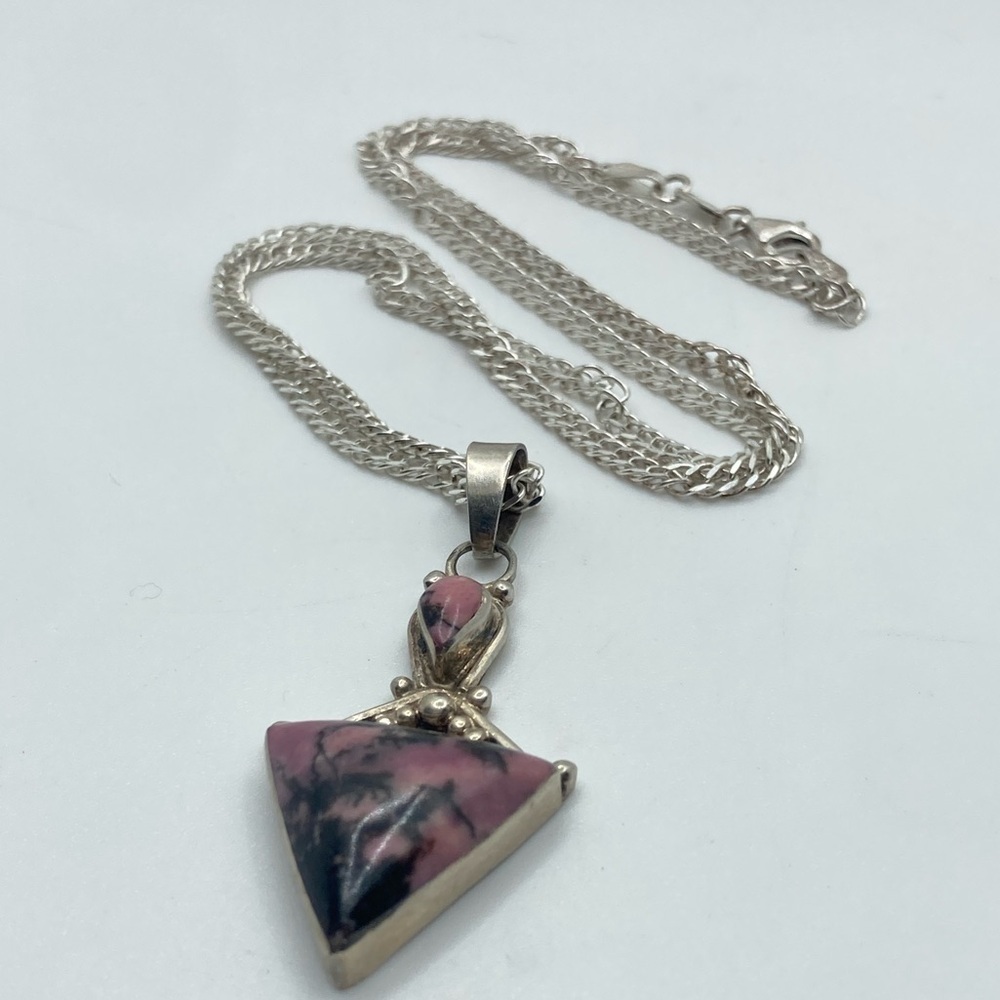 VTG Sterling & Rhodonite Pink / Black Triangle Pear Stones Pendant & Chain 19” - Picture 2 of 9